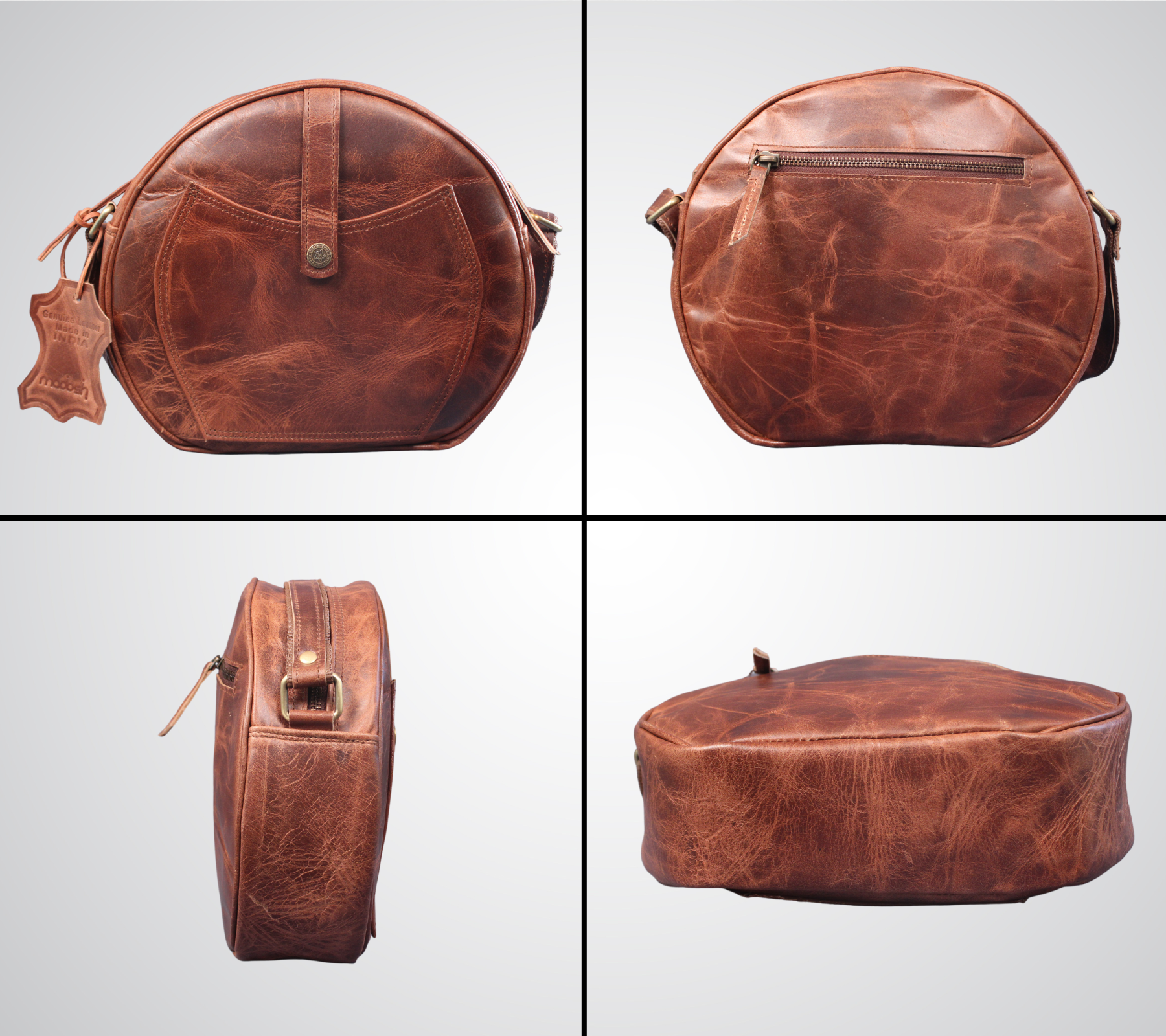 Madosh Genuine Leather Crossbody Sling Bag |Brown Leather Bag | Unique Round layout |Spacious Compartments| Women everyday use.